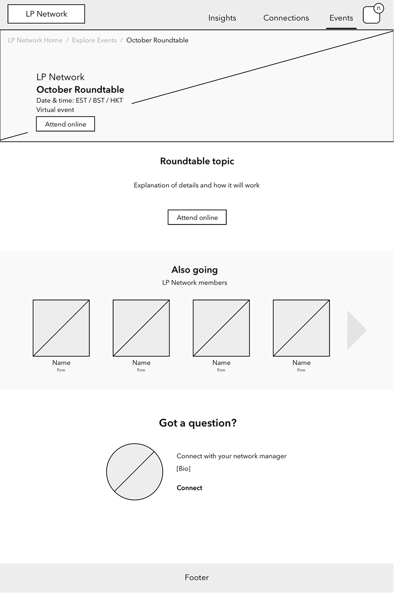 Low-fidelity wireframe 3 for the LP Network platform