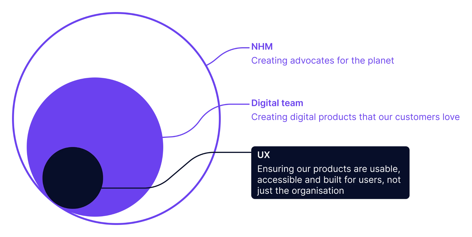 Nested circles showing the NHM, Digital team and UX missions, titled Our why